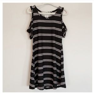 BTWEEN Black Off White Striped Cold Shoulder Dress